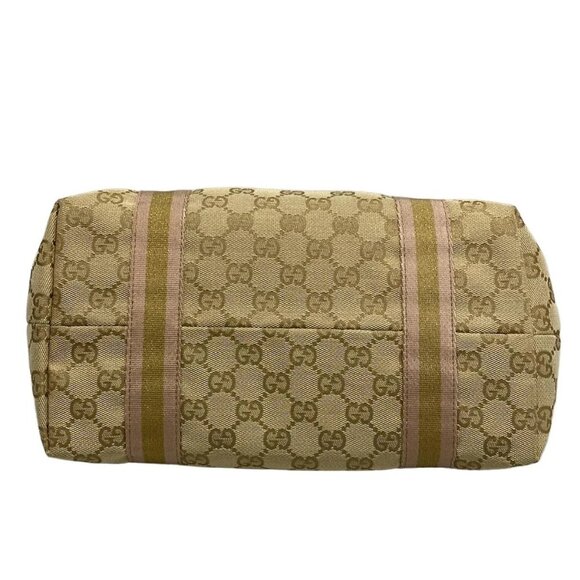 Auth GUCCI GG 137396 Beige Gold Pink Jacquard Leather - Tote Bag - Picture 6 of 14